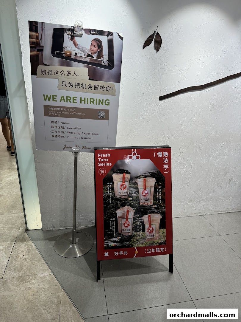 A hiring poster and a menu board for CHICHA San Chen's fresh taro series.