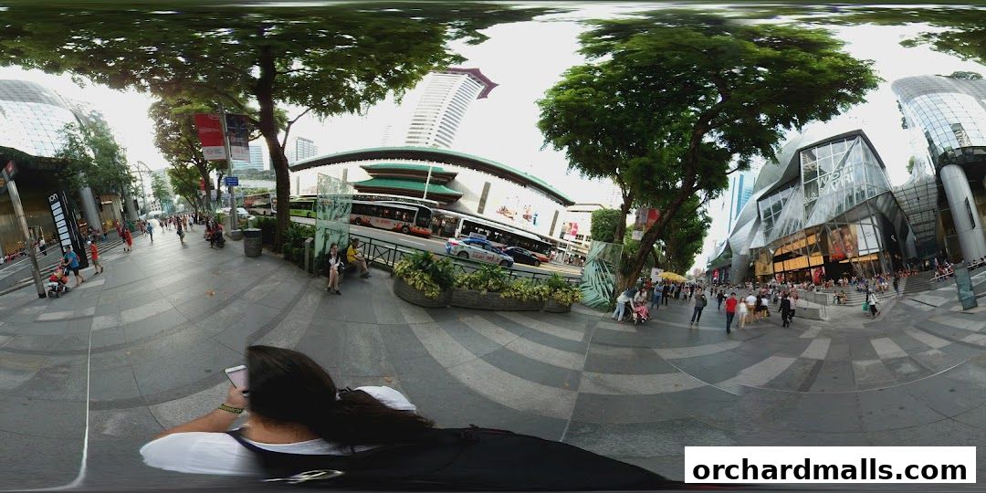 A bustling street scene with shoppers and modern architecture, featuring the ION Orchard mall.