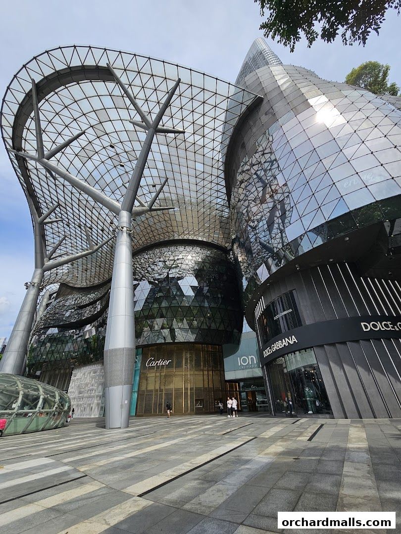 Exterior view of ION Orchard mall with Cartier and Dolce & Gabbana storefronts.