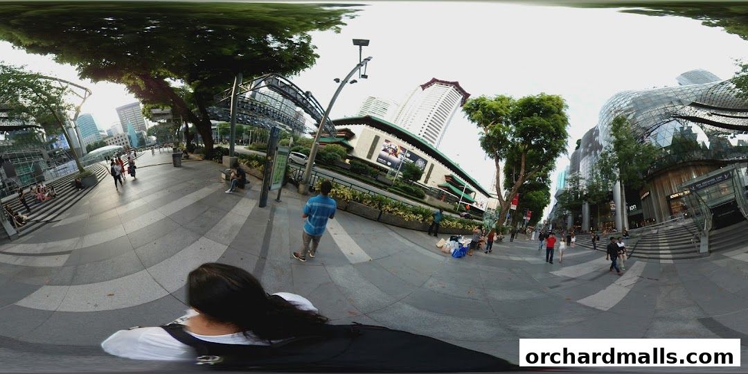 A panoramic view of a bustling street with shoppers and modern architecture.