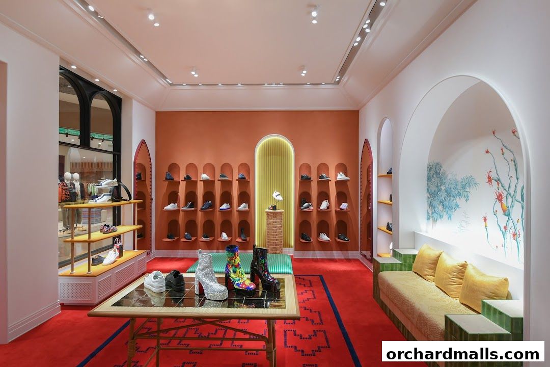Interior of a Christian Louboutin store showcasing shoes on shelves and a display table.