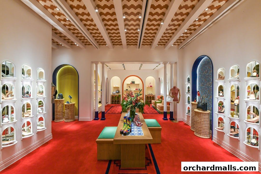 Interior view of a luxurious Christian Louboutin store with shoes displayed on walls.