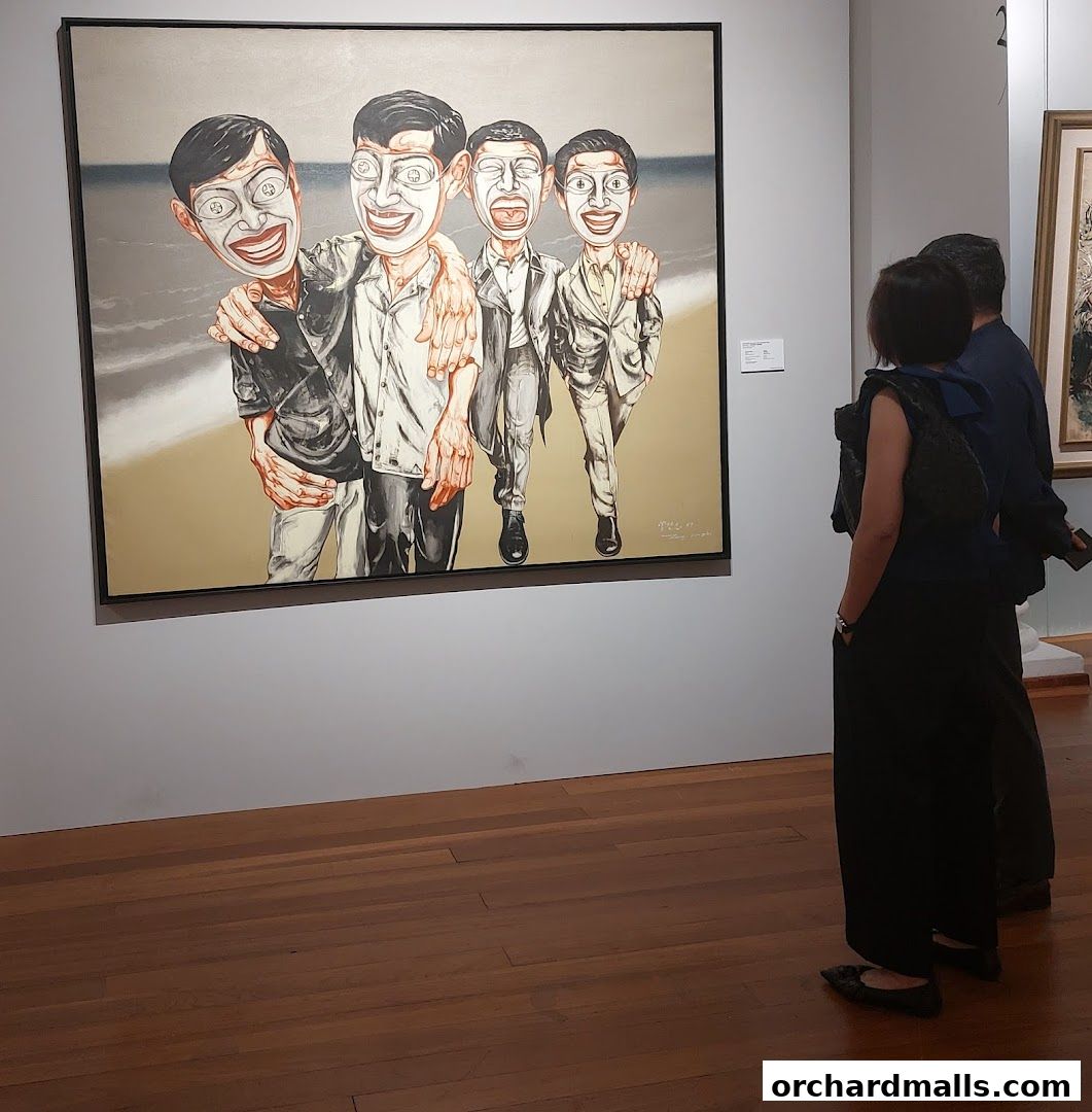 Visitors admire a painting of four figures with exaggerated smiles at an art exhibition.