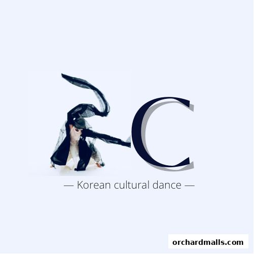 A dancer in traditional Korean attire with a black scarf, next to the letter C.