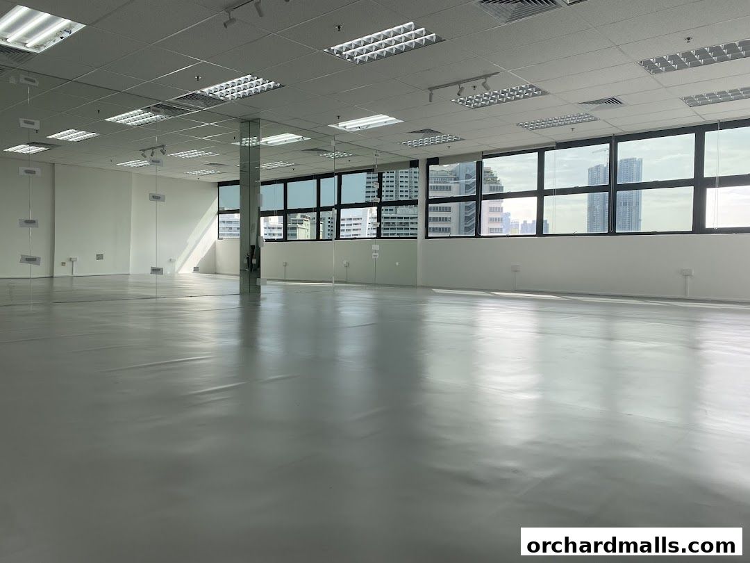 Spacious, empty studio with mirrored walls and large windows overlooking a city.