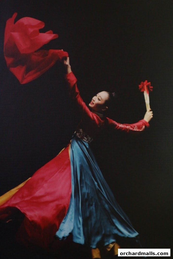 A dancer in a vibrant red and blue costume performs with flowing silks.