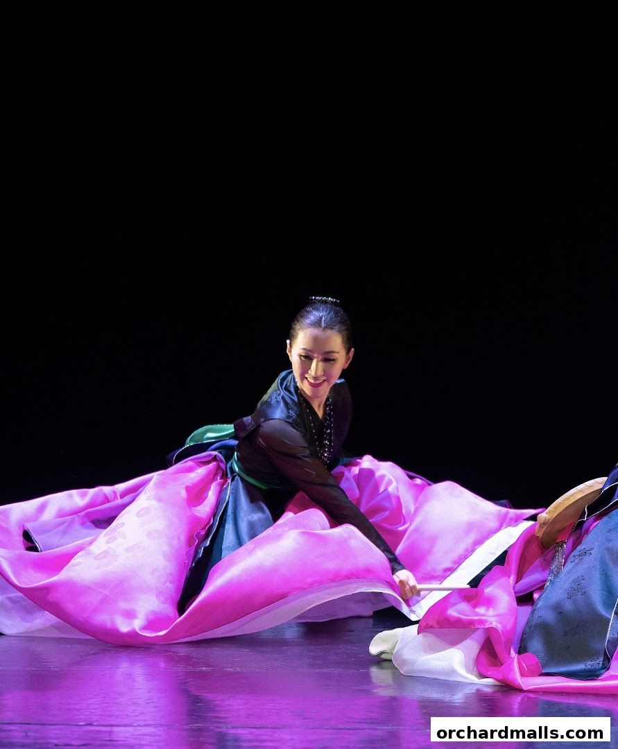 A dancer in a vibrant pink and blue costume performs on a stage.