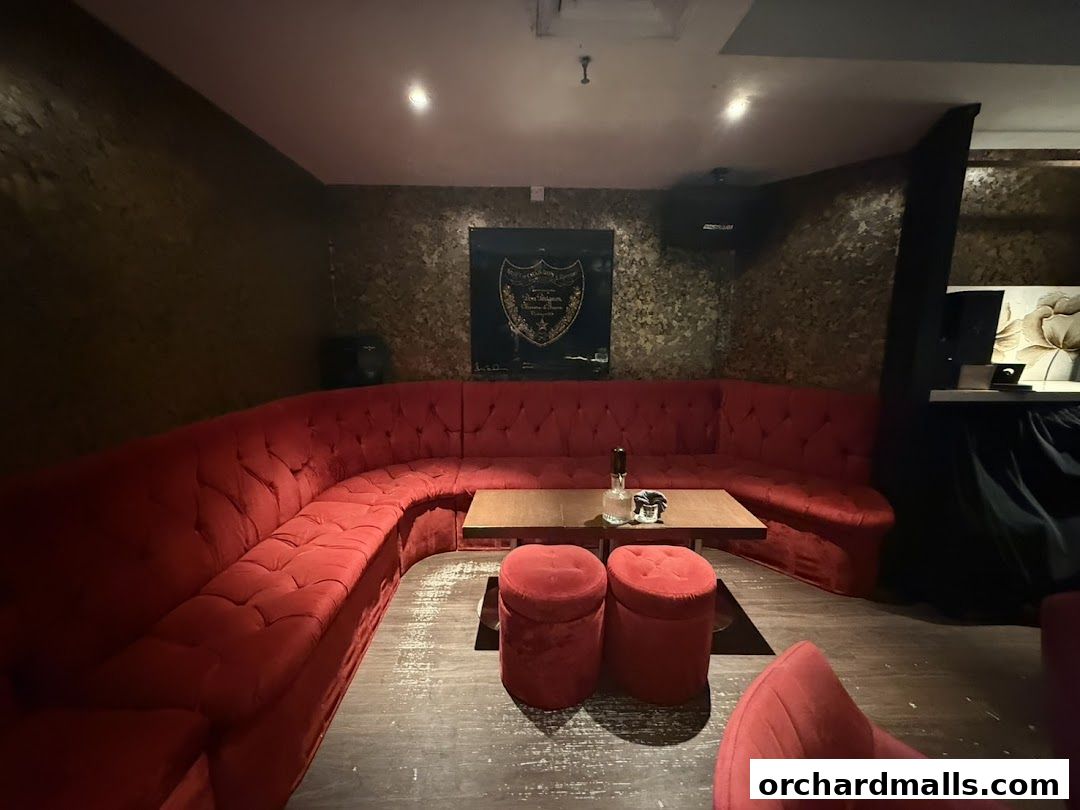 Luxurious red velvet seating area with a wooden table and decorative wall art.