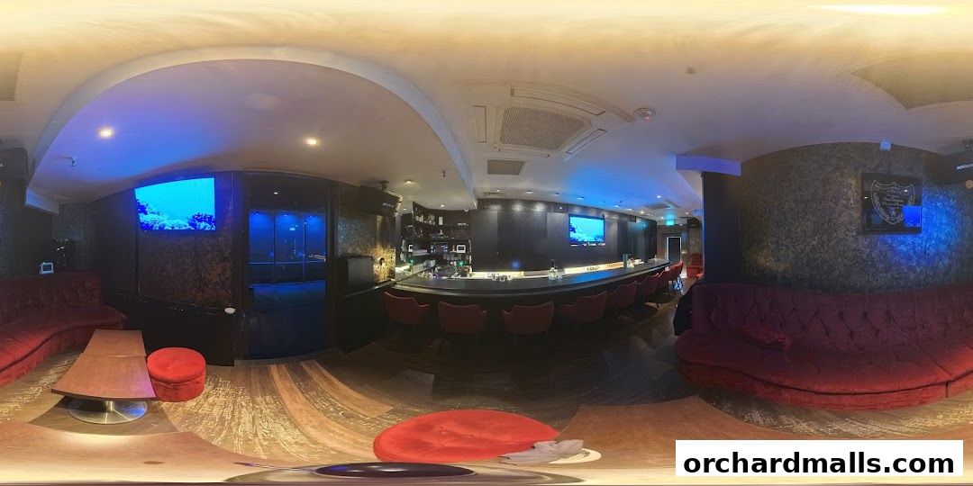 Interior of a stylish bar with plush seating, a long bar, and ambient blue lighting.