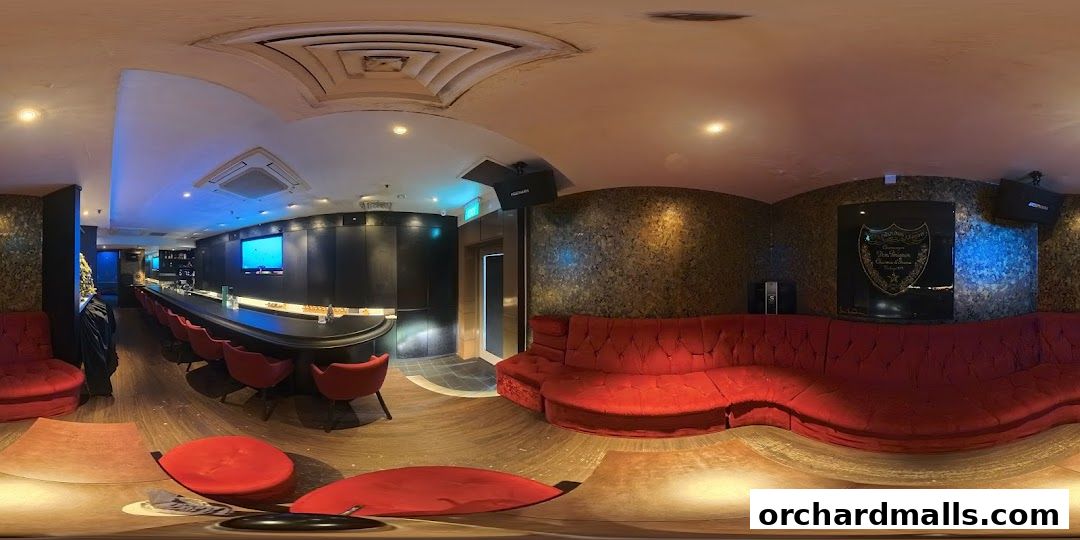 Luxurious lounge area with red velvet seating and a long bar.