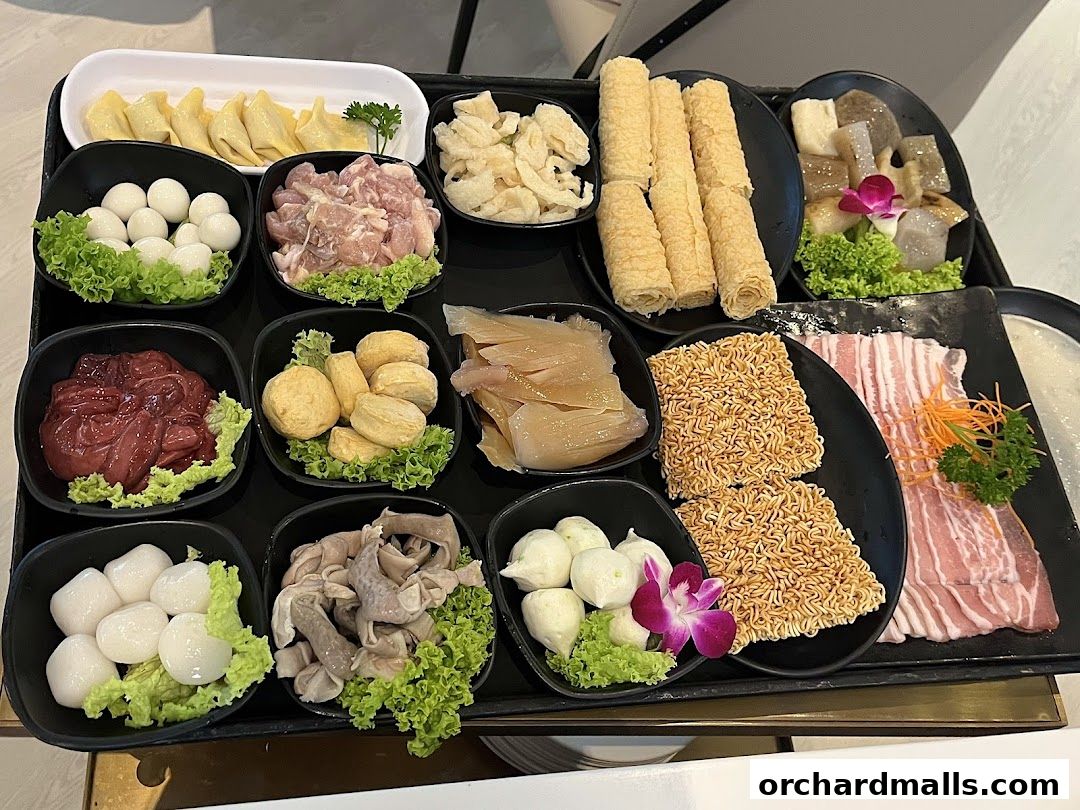 A platter of assorted ingredients for hot pot, including meats, seafood, noodles, and dumplings.
