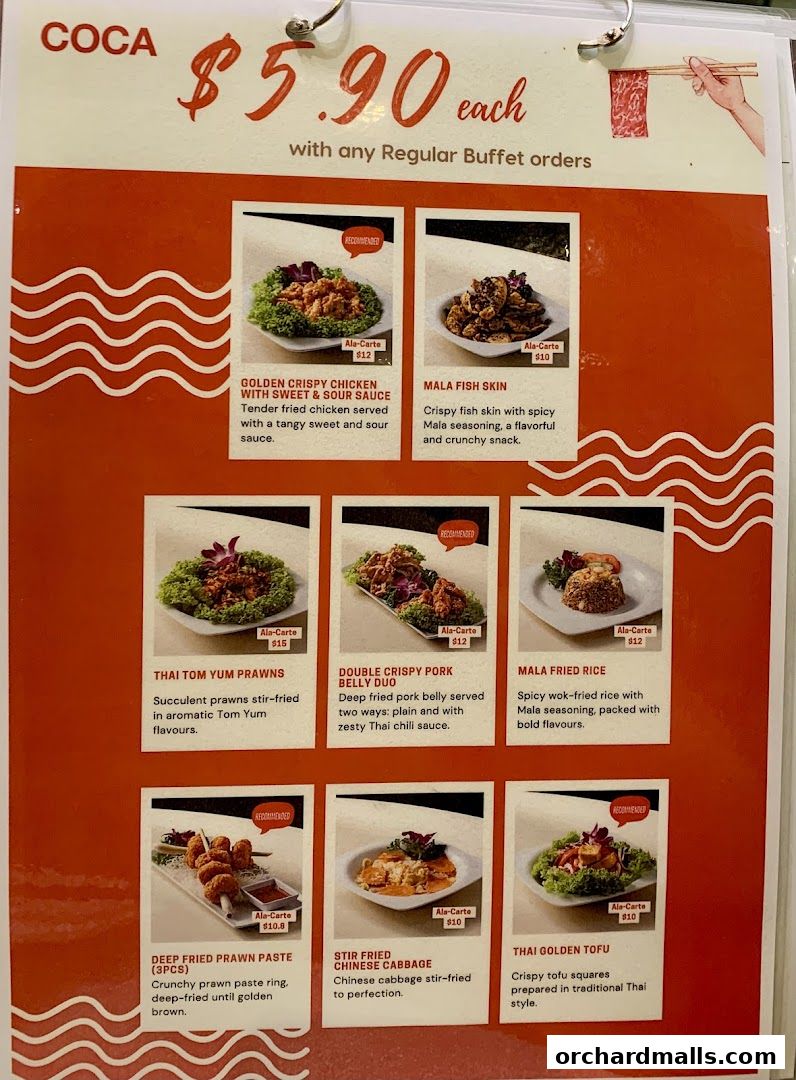 A menu from COCA Takashimaya S.C. featuring various dishes with prices.
