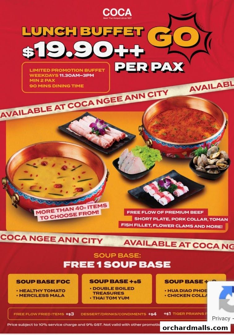 A promotional flyer for COCA's lunch buffet with soup bases and free-flow items.