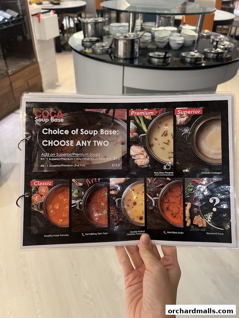 A menu showcasing various soup bases for a hot pot restaurant, with images and descriptions.