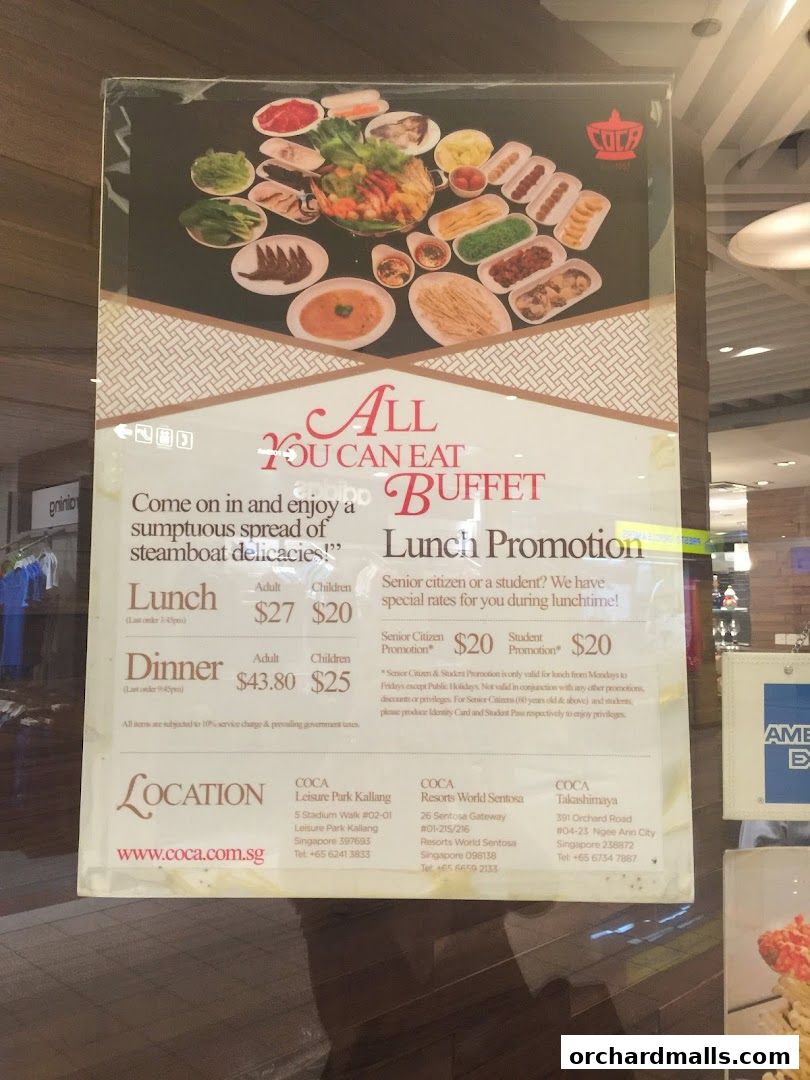 A menu board for COCA's All You Can Eat Steamboat Buffet with lunch and dinner prices.