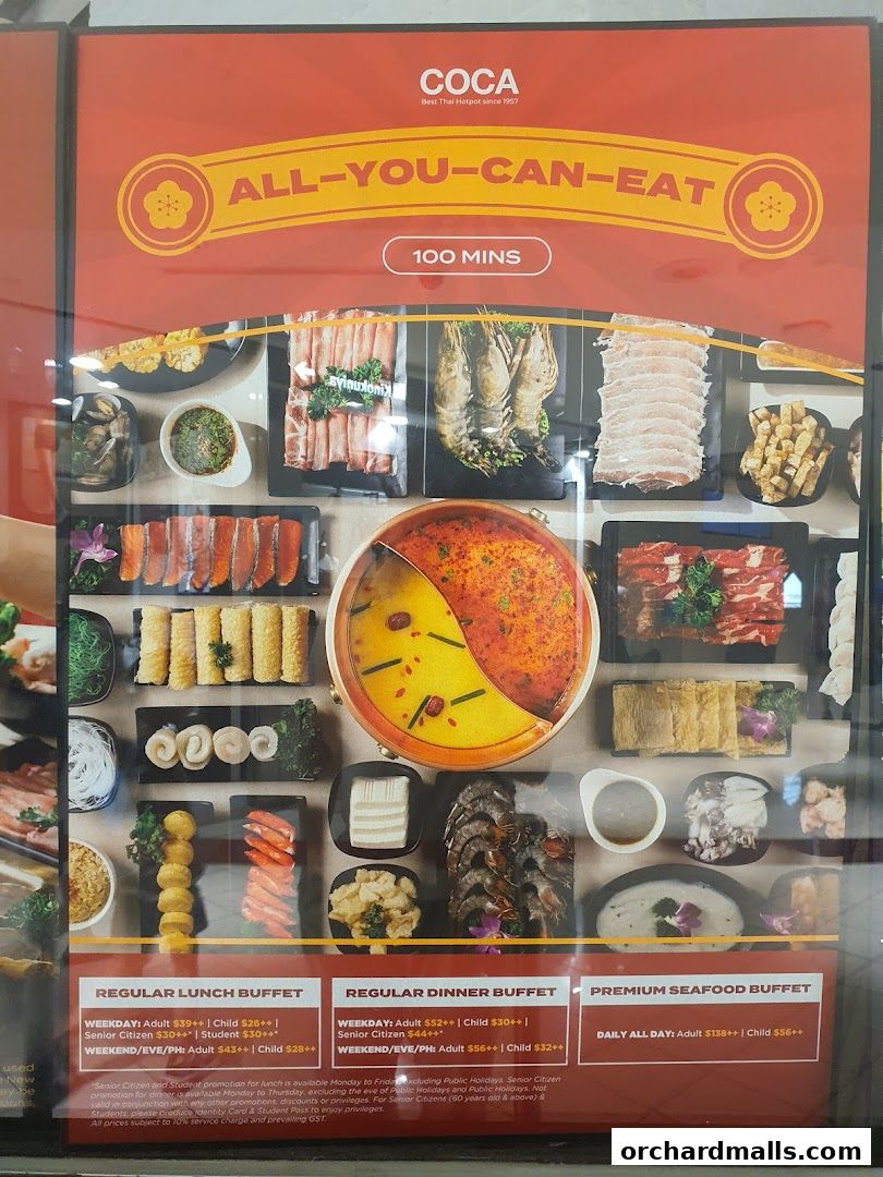 A menu board for COCA's all-you-can-eat hotpot buffet with various food items and prices.