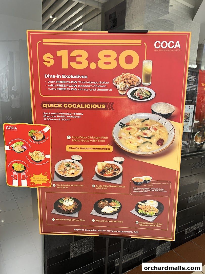 A promotional menu for COCA restaurant featuring set lunch deals and dine-in exclusives.