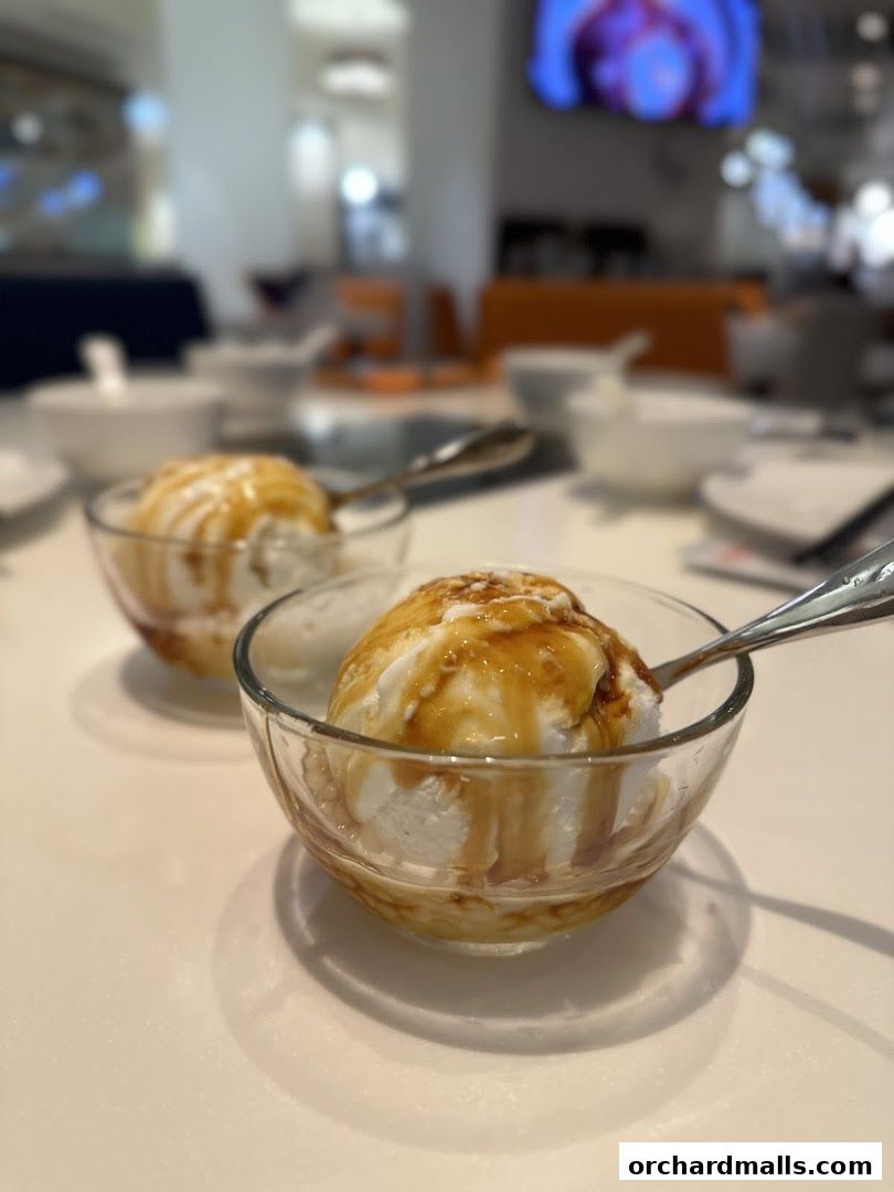 Two bowls of vanilla ice cream drizzled with caramel sauce on a white table.