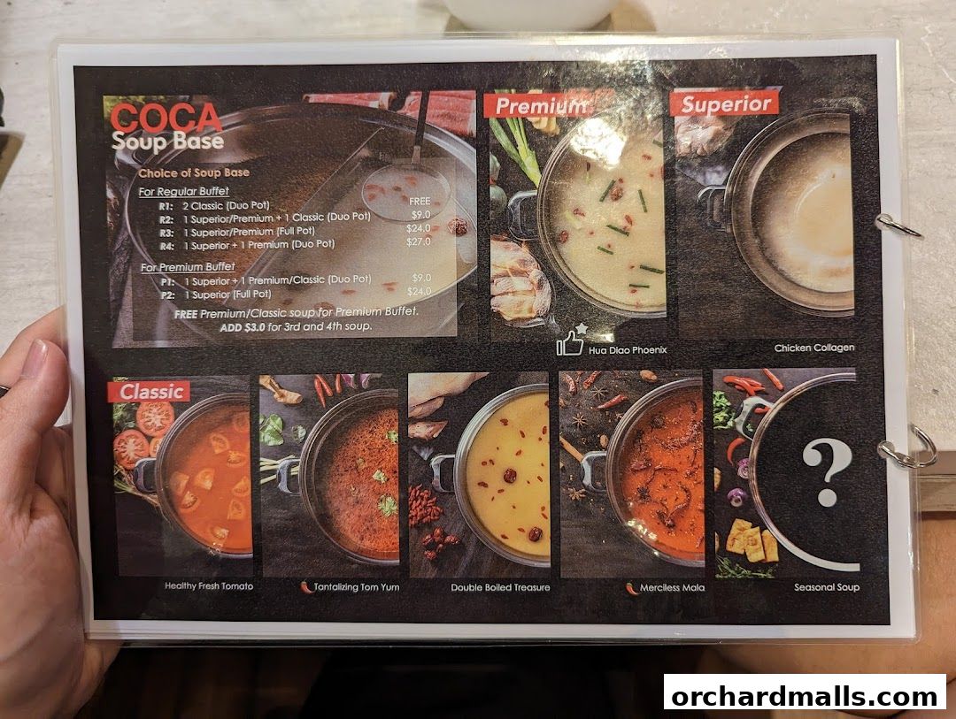 A menu showcasing various soup bases for hot pot, with images and prices.