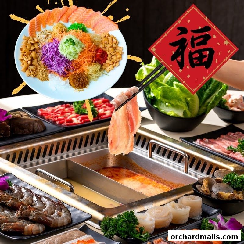 A hot pot spread with various ingredients including salmon, beef, shrimp, and vegetables.