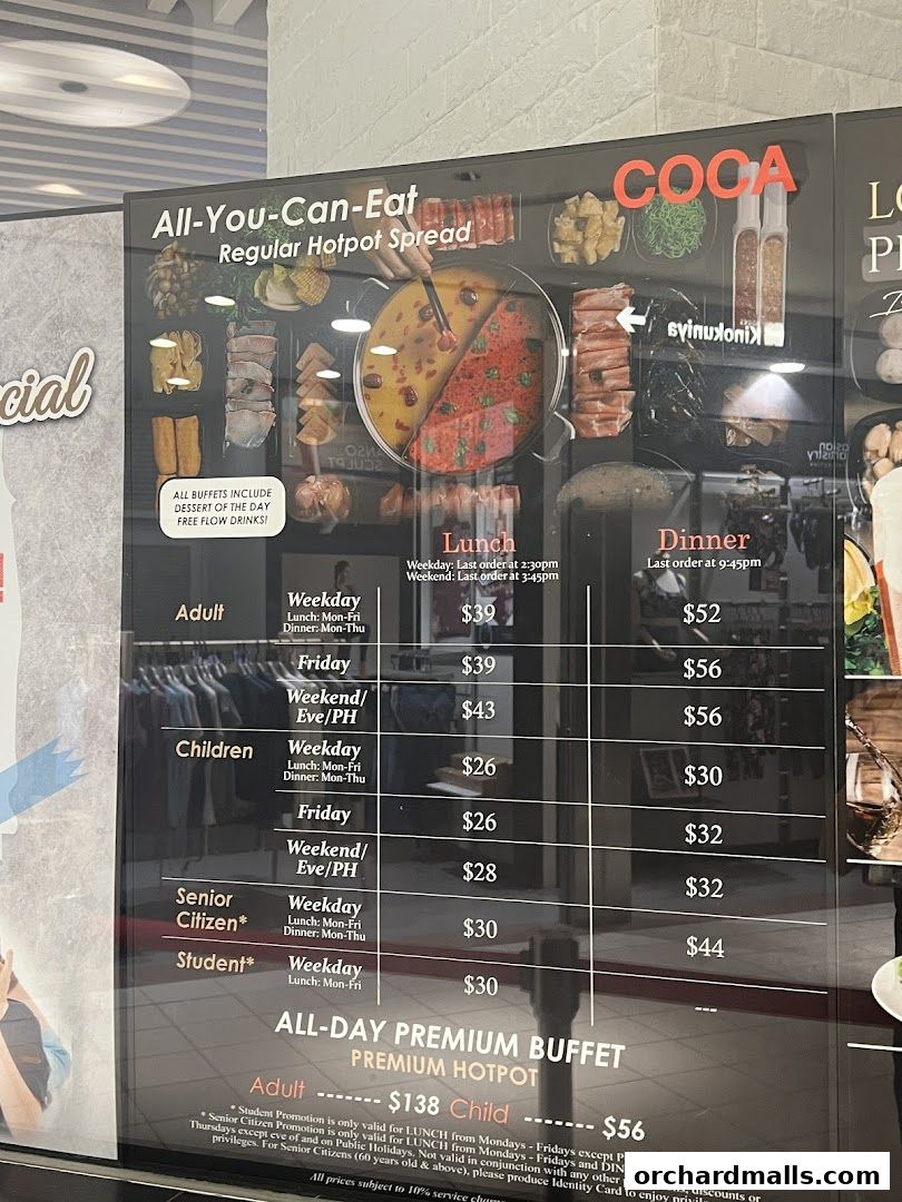 A menu board for COCA's All-You-Can-Eat Regular Hotpot Spread with pricing.
