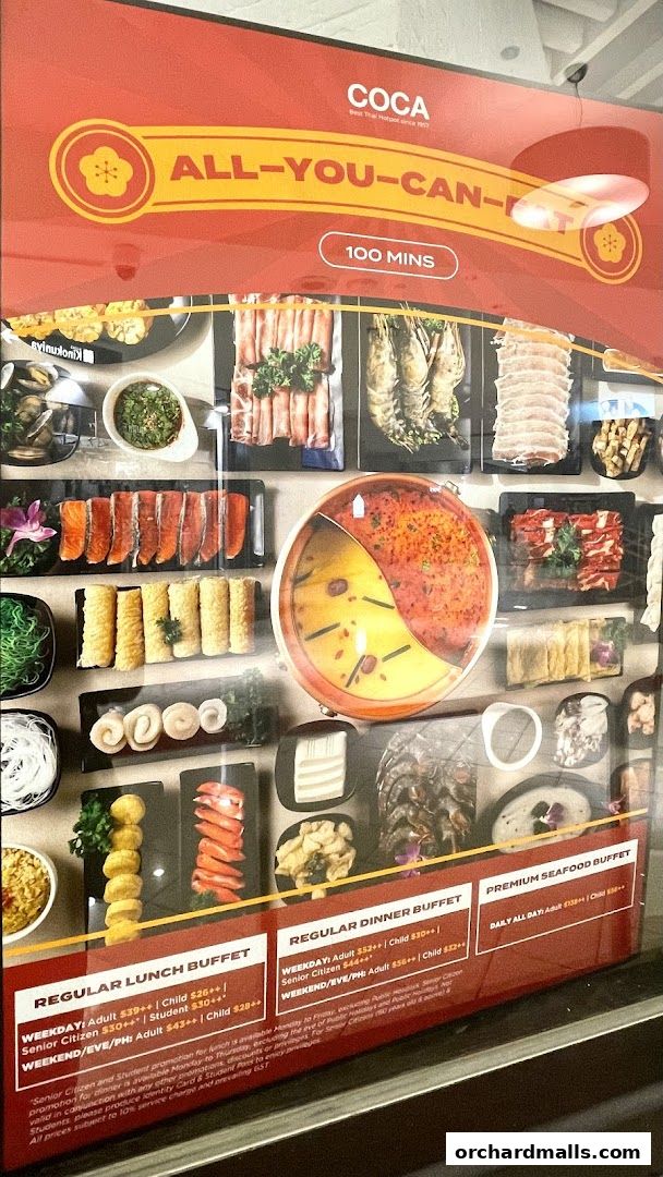 A menu board for COCA restaurant showcasing their all-you-can-eat hotpot buffet options.