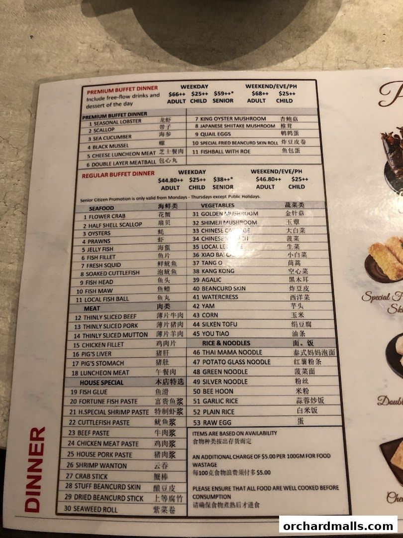 A menu for COCA Takashimaya S.C. featuring dinner buffet options and a la carte items.