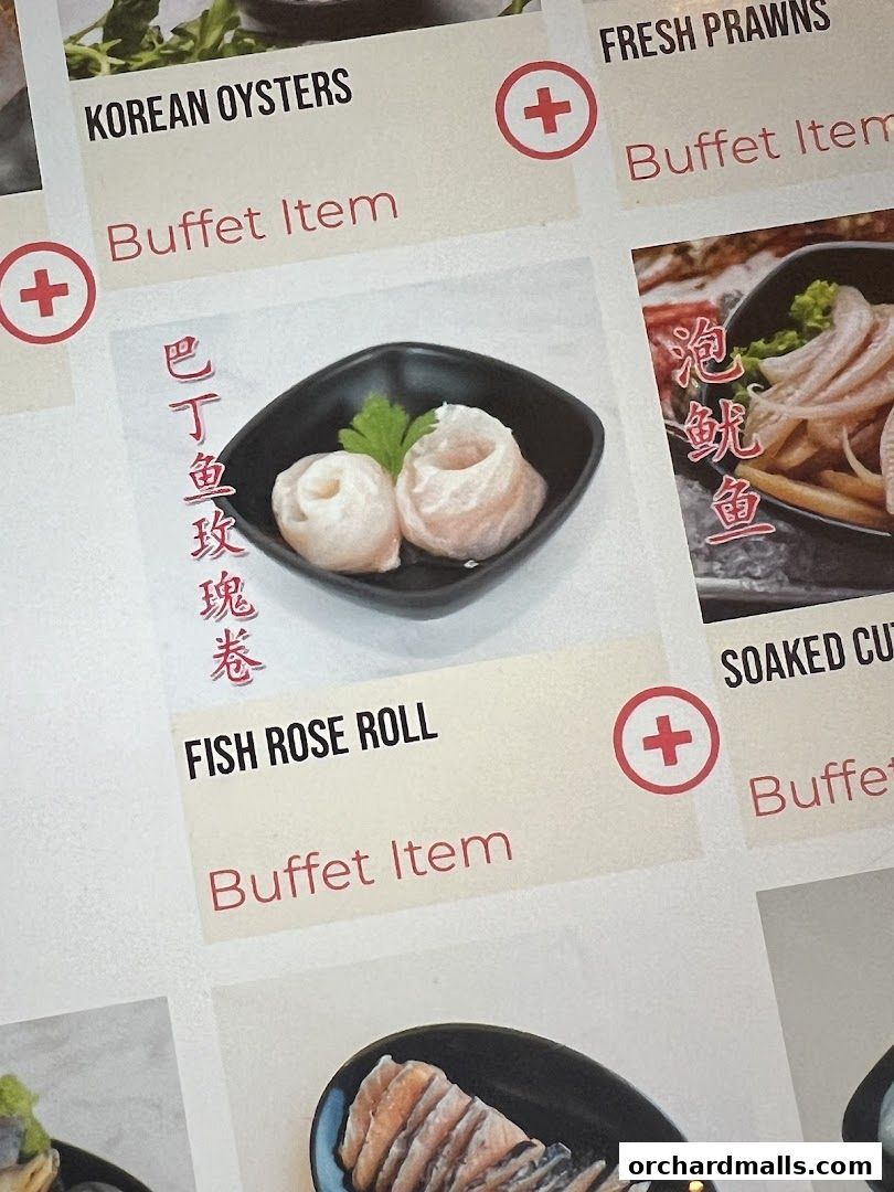 A menu display featuring various buffet items with images and descriptions.