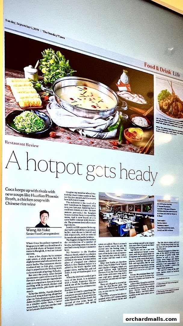 A newspaper article reviewing a hotpot restaurant with a picture of the food and interior.