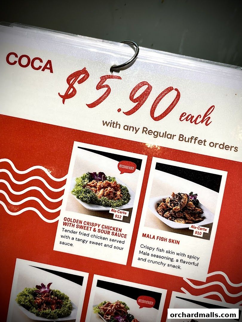 A menu from COCA Takashimaya S.C. featuring crispy chicken and fish skin dishes.