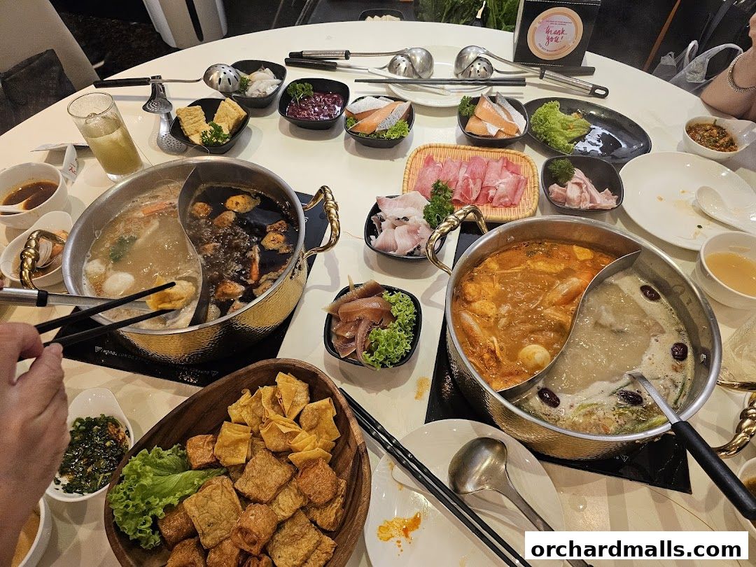 A table laden with various hot pot ingredients and broths, ready for a communal dining experience.