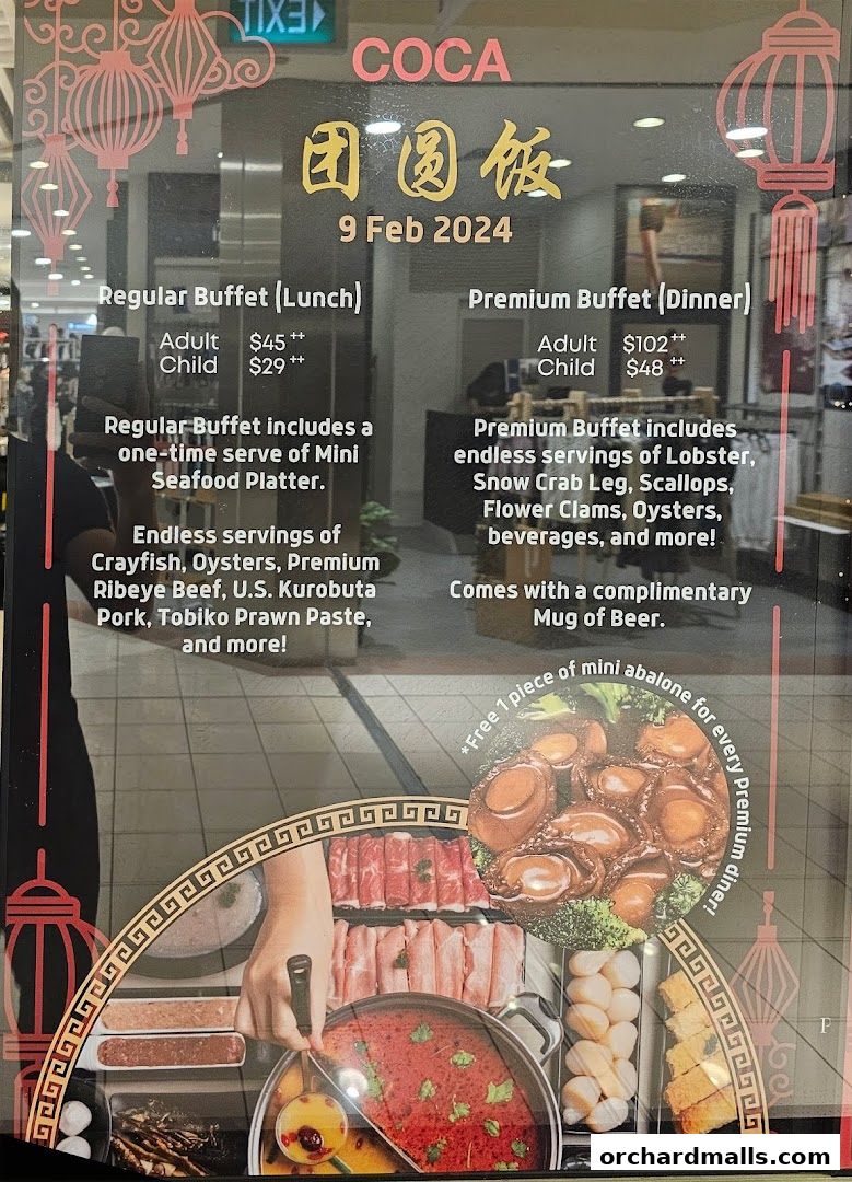 A menu board for COCA restaurant offering regular and premium buffet options.