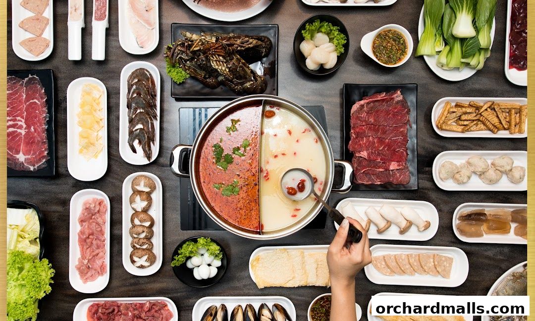 A spread of hot pot ingredients including meats, seafood, vegetables, and dipping sauces.