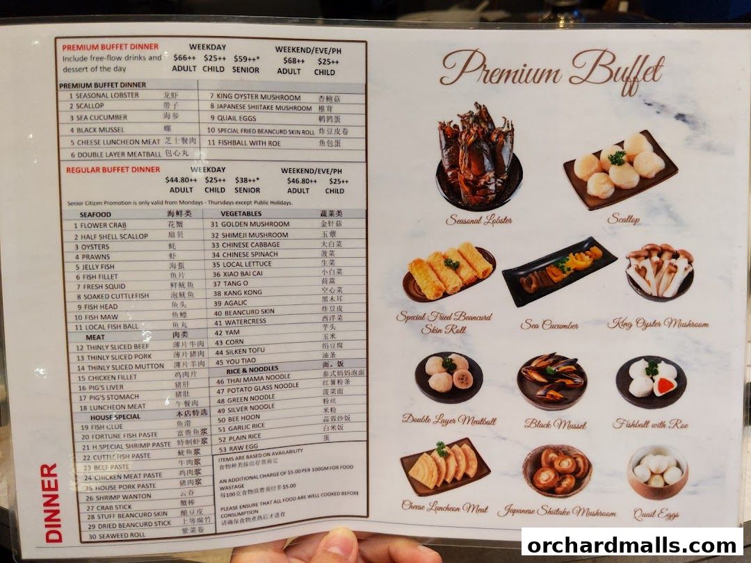 A menu for a premium and regular buffet dinner with various seafood, meat, vegetables, and rice/noodle options.