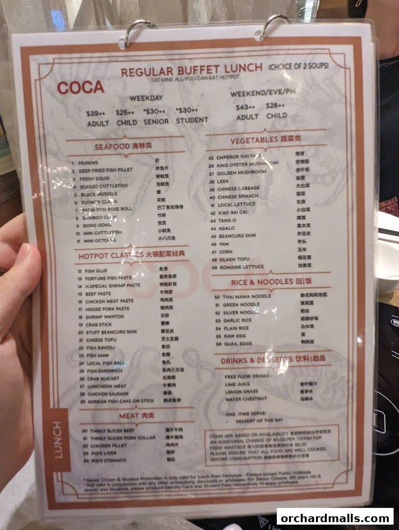 A menu for COCA Takashimaya S.C. offering regular buffet lunch with various seafood, vegetables, meat, rice, noodles, and drinks.