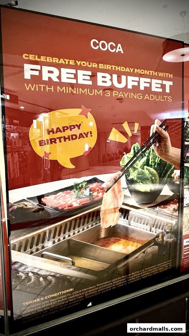 A promotional poster for COCA offering a free buffet for birthday month with minimum 3 paying adults.