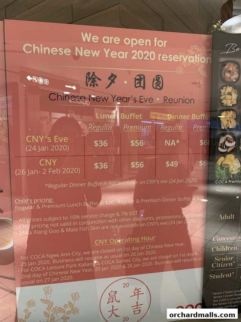 A menu board for COCA restaurant advertising Chinese New Year 2020 reservations and pricing.