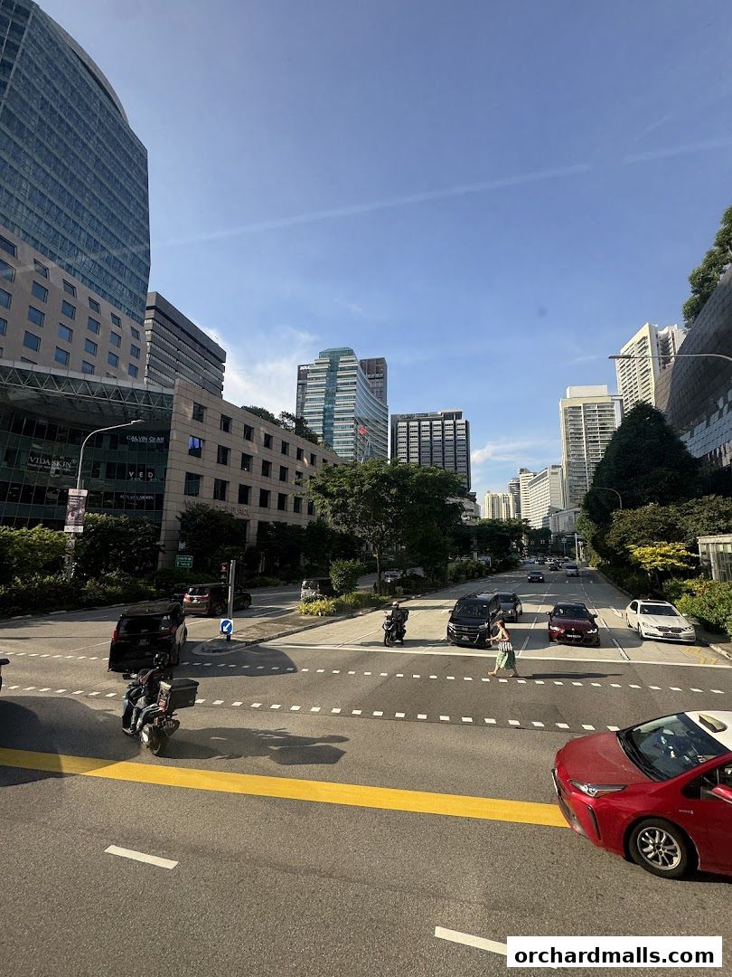 A street view with modern buildings and traffic on a sunny day.