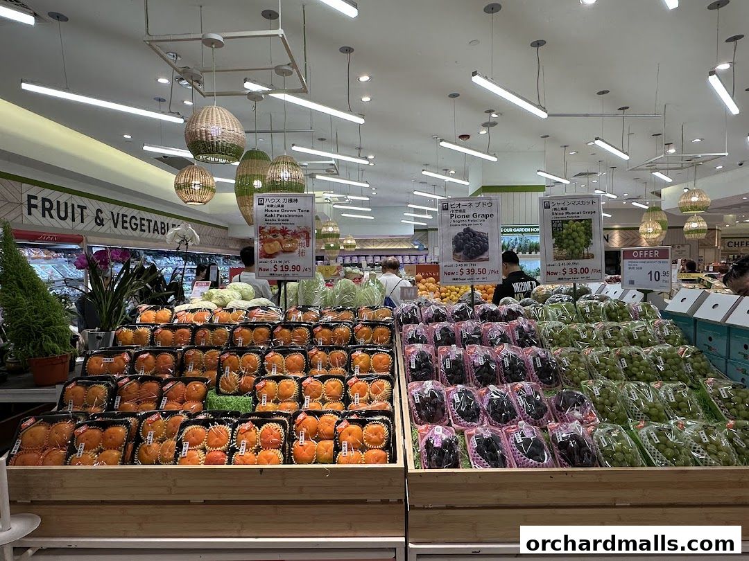 A wide selection of fresh fruits, including persimmons, grapes, and oranges, displayed in a supermarket.