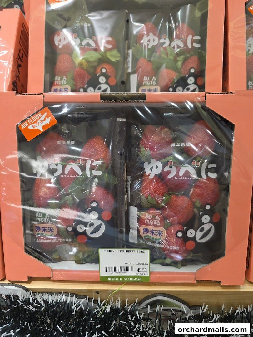 Boxes of Yuubeni strawberries with Kumamon character packaging from Cold Storage.
