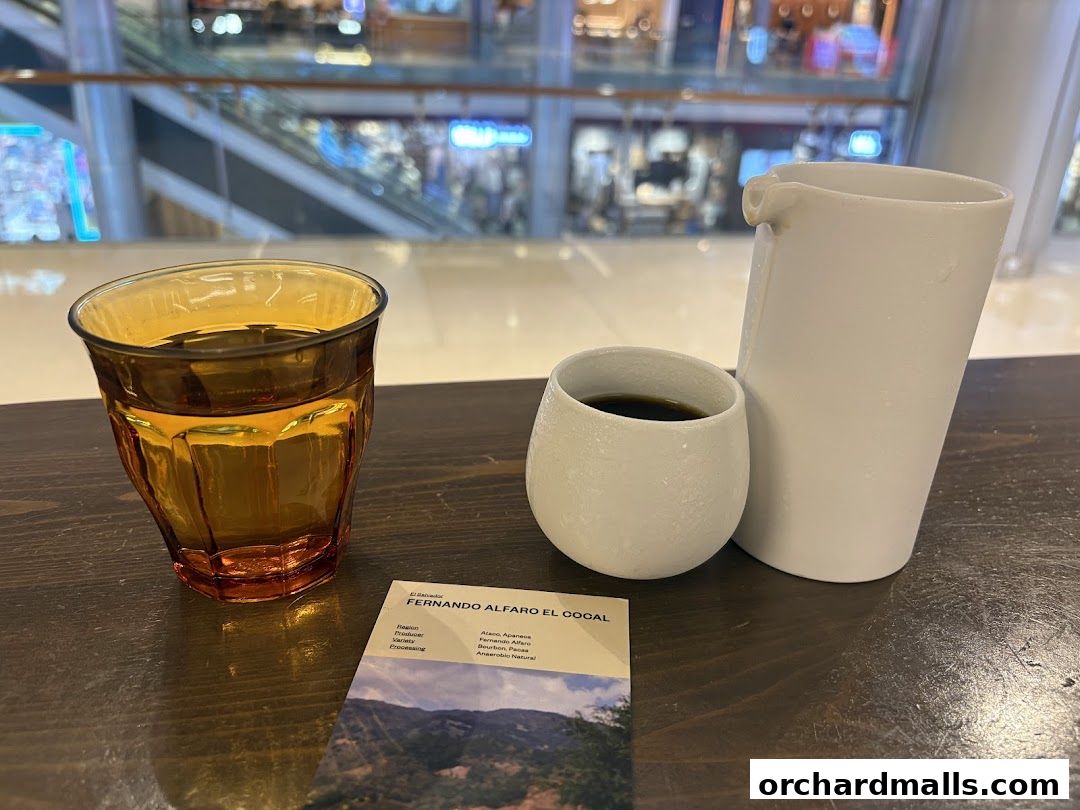 A coffee tasting set with a glass of amber liquid, a small cup of black coffee, and a white pitcher.