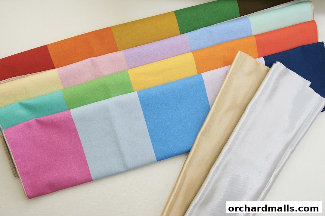 A collection of colorful fabrics in various shades, neatly arranged.