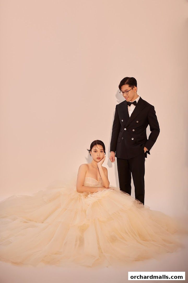 A couple poses for a photoshoot, the woman in a voluminous gown and the man in a tuxedo.