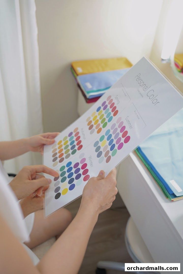 A person is reviewing a personal color chart with seasonal color palettes.