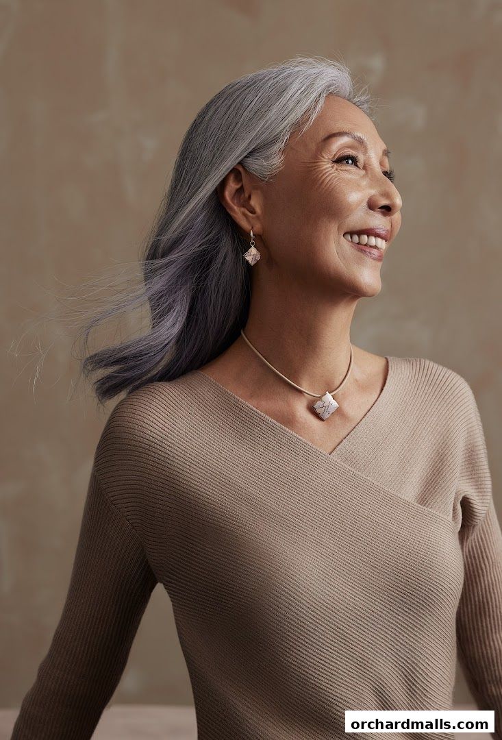 A smiling older woman with grey hair wears a beige sweater and matching jewelry.