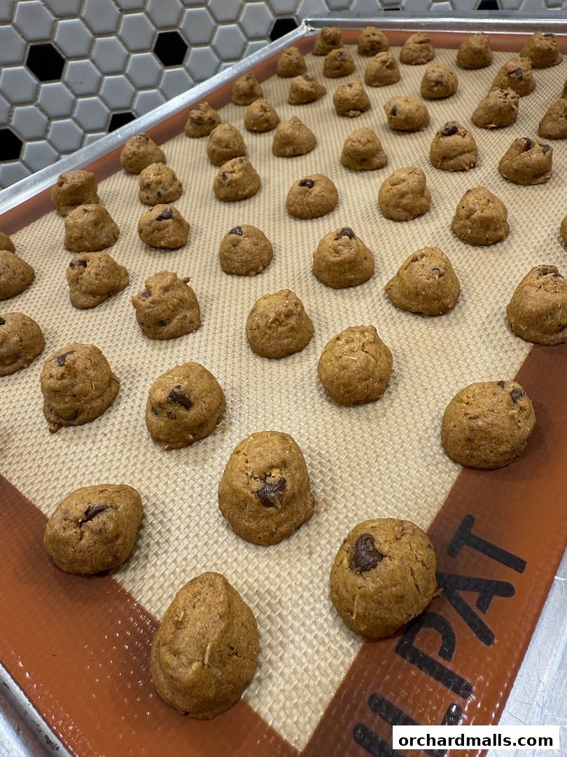 A baking sheet filled with freshly baked chocolate chip cookies on a silicone mat.