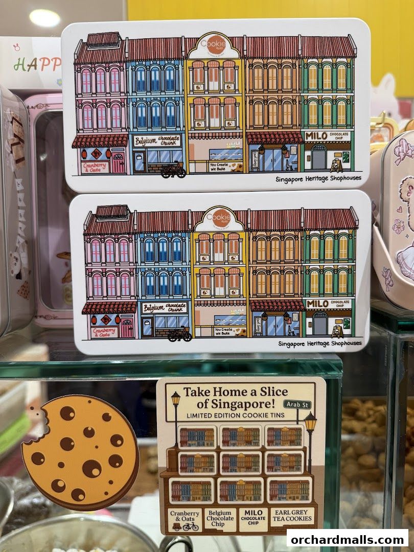 Cookie tins featuring Singapore heritage shophouses and various cookie flavors.