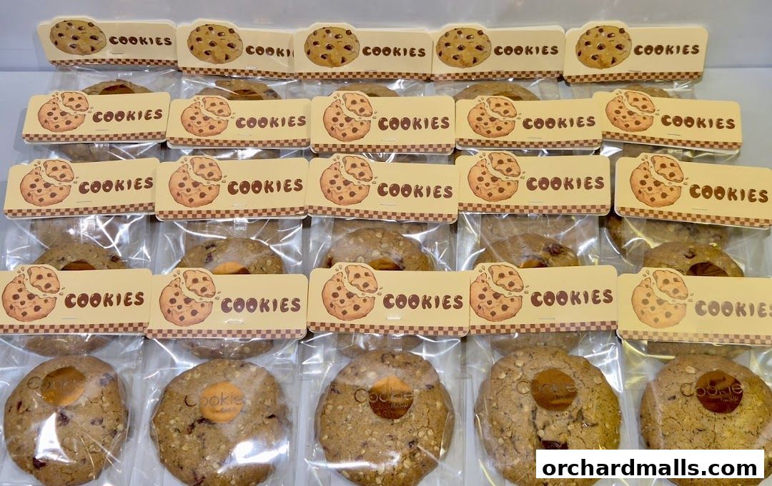 A display of individually packaged cookies with decorative labels.