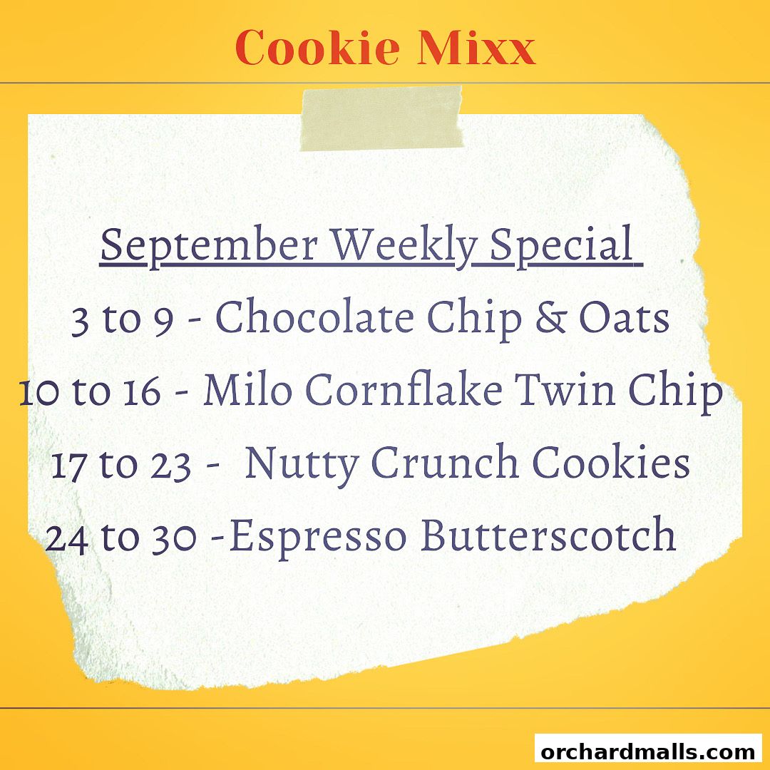 September weekly specials for Cookie Mixx, featuring different cookie flavors each week.