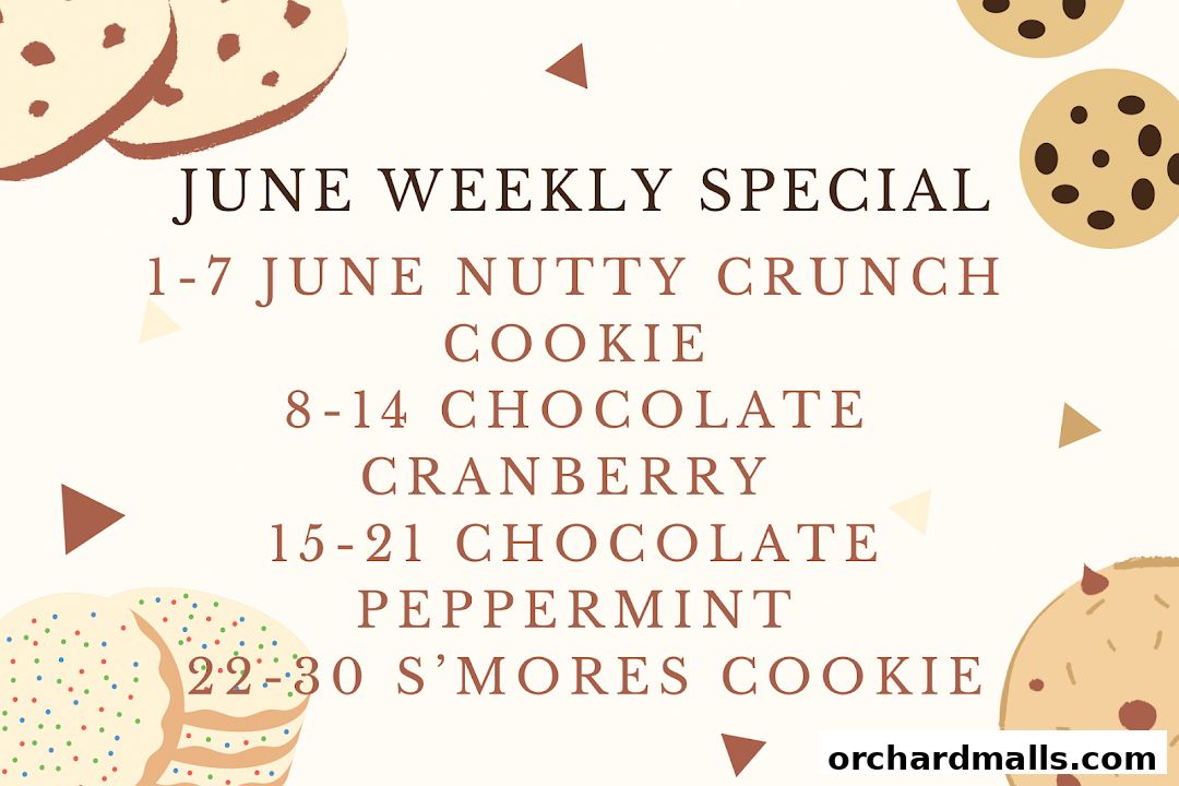 June weekly specials for cookies at Cookie Mixx, featuring different flavors each week.
